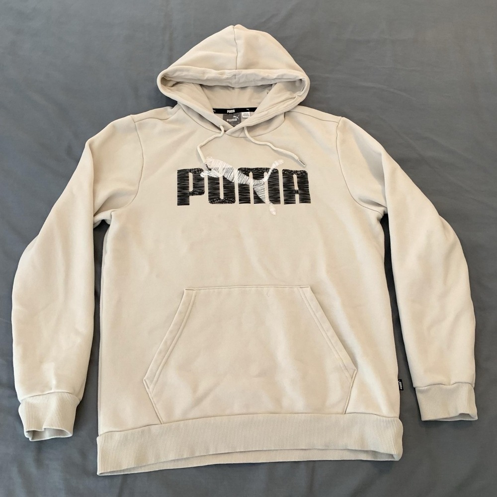 Puma Hoodie Mens Small White Fleece Pullover Big Front Logo Kangaroo Sweatshirt